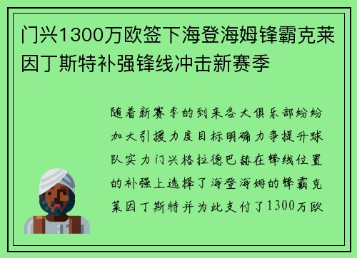 门兴1300万欧签下海登海姆锋霸克莱因丁斯特补强锋线冲击新赛季 门兴1300万欧签下海登海姆锋霸克莱因丁斯特补强锋线冲击新赛季